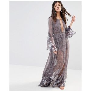 NWT Jetset Diaries La Cucaracha Maxi Dress Grey Purple Long Sleeve Sheer L